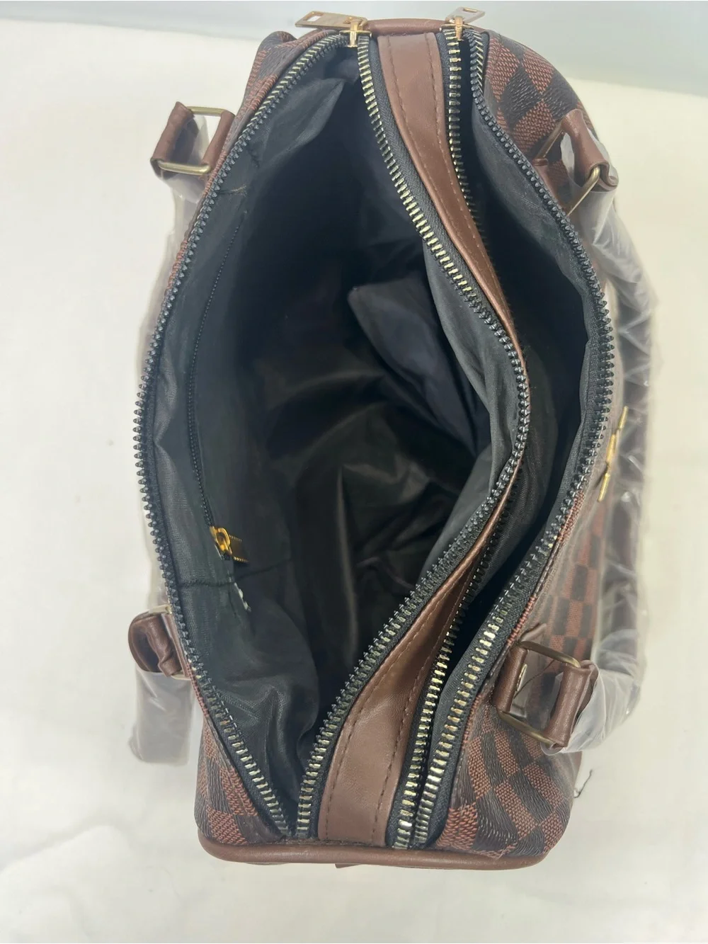 Brown Monogram Style Satchel Purse Gold Tone Hardware Fashion Handbag Flaw